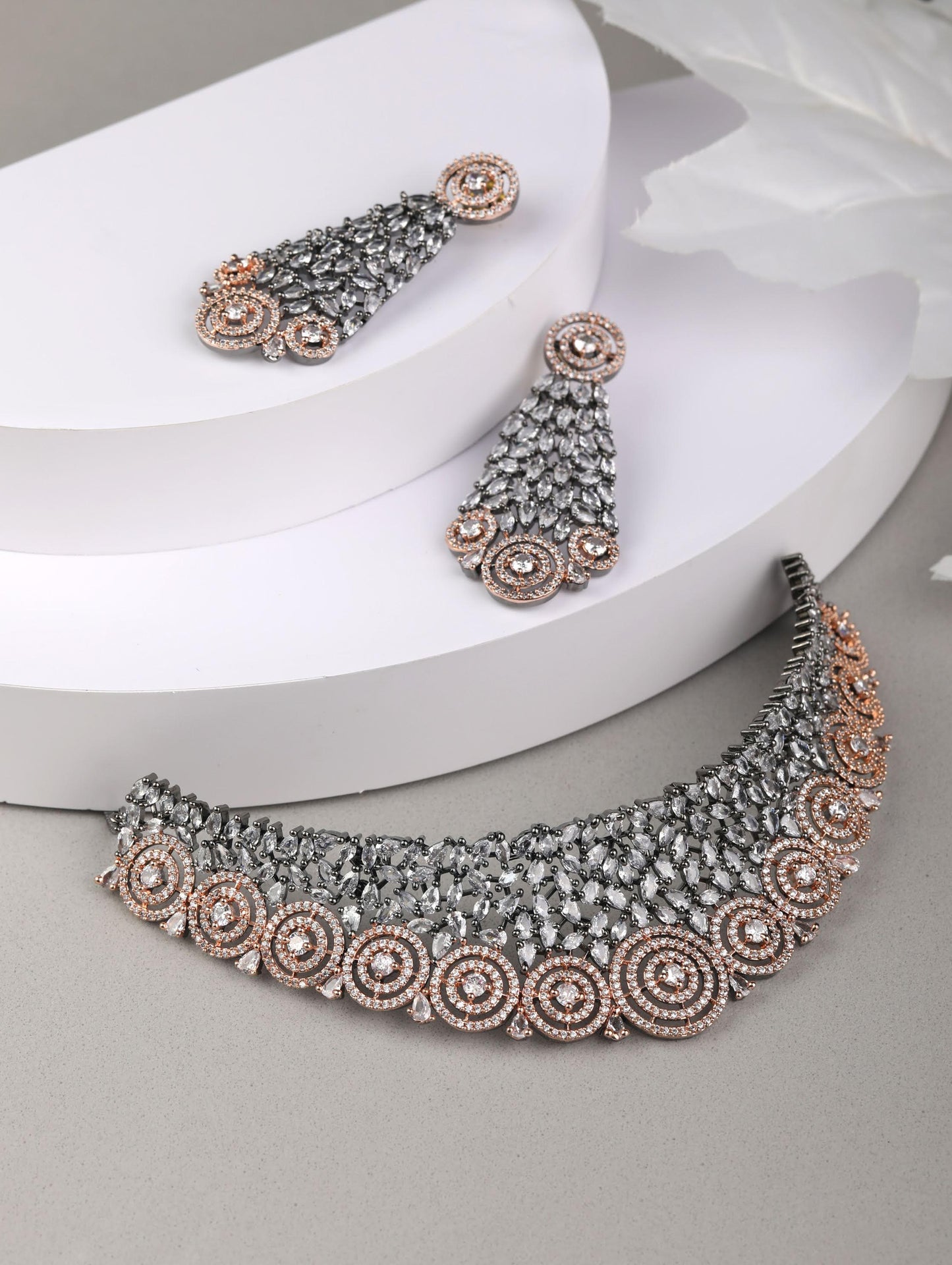 Women's Glitz Appeal-Grey American Diamond Cubic Zirconia Rose Gold Plated Choker Set - Priyaasi