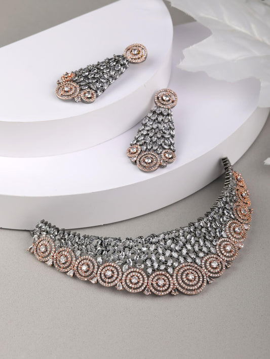 Women's Glitz Appeal-Grey American Diamond Cubic Zirconia Rose Gold Plated Choker Set - Priyaasi