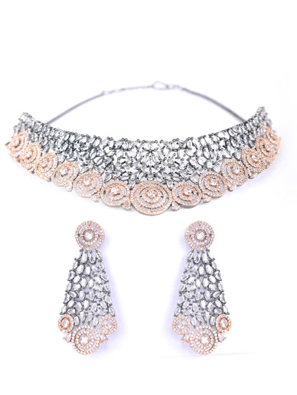 Women's Glitz Appeal-Grey American Diamond Cubic Zirconia Rose Gold Plated Choker Set - Priyaasi