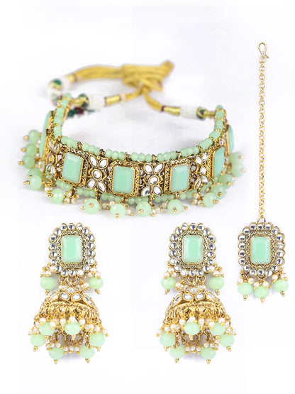 Women's Mint Green Kundan Pearls Gold Plated Choker Set with MaangTikka - Priyaasi