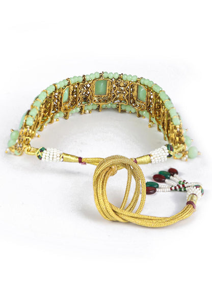 Women's Mint Green Kundan Pearls Gold Plated Choker Set with MaangTikka - Priyaasi