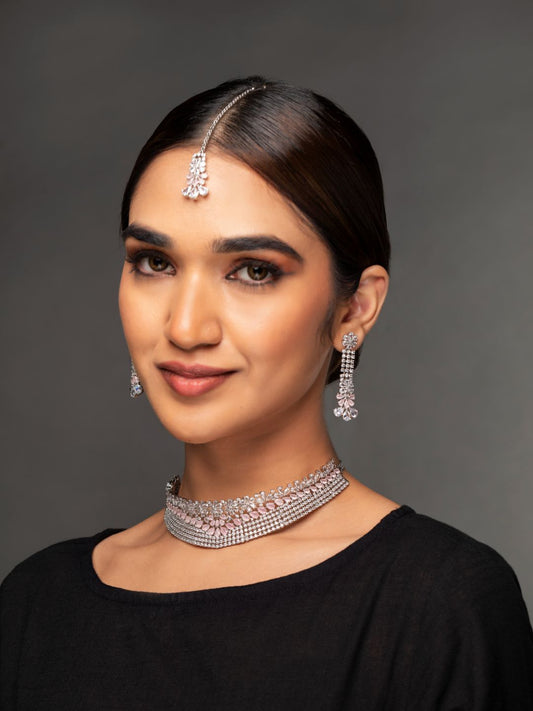 Women's Pink American Diamond Silver Plated Choker Set with MaangTikka - Priyaasi