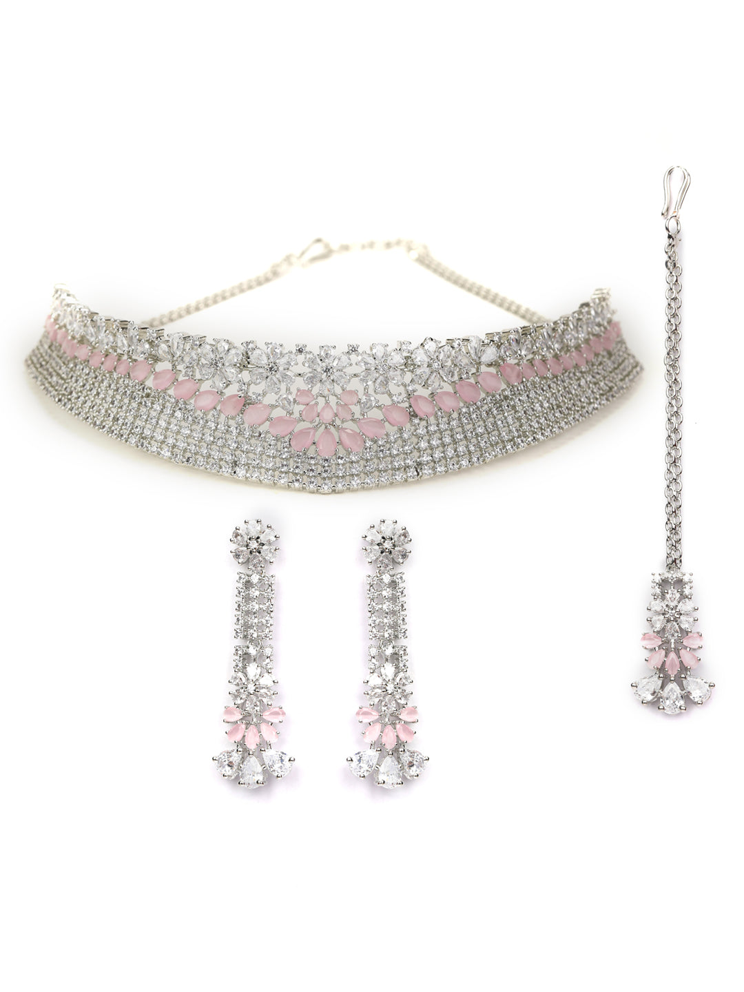 Women's Pink American Diamond Silver Plated Choker Set with MaangTikka - Priyaasi