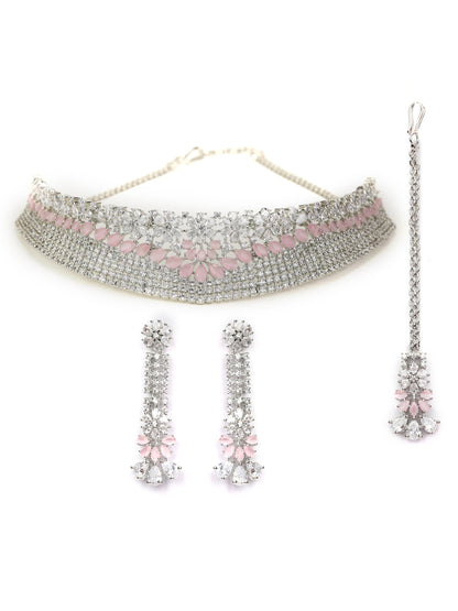 Women's Pink American Diamond Silver Plated Choker Set with MaangTikka - Priyaasi