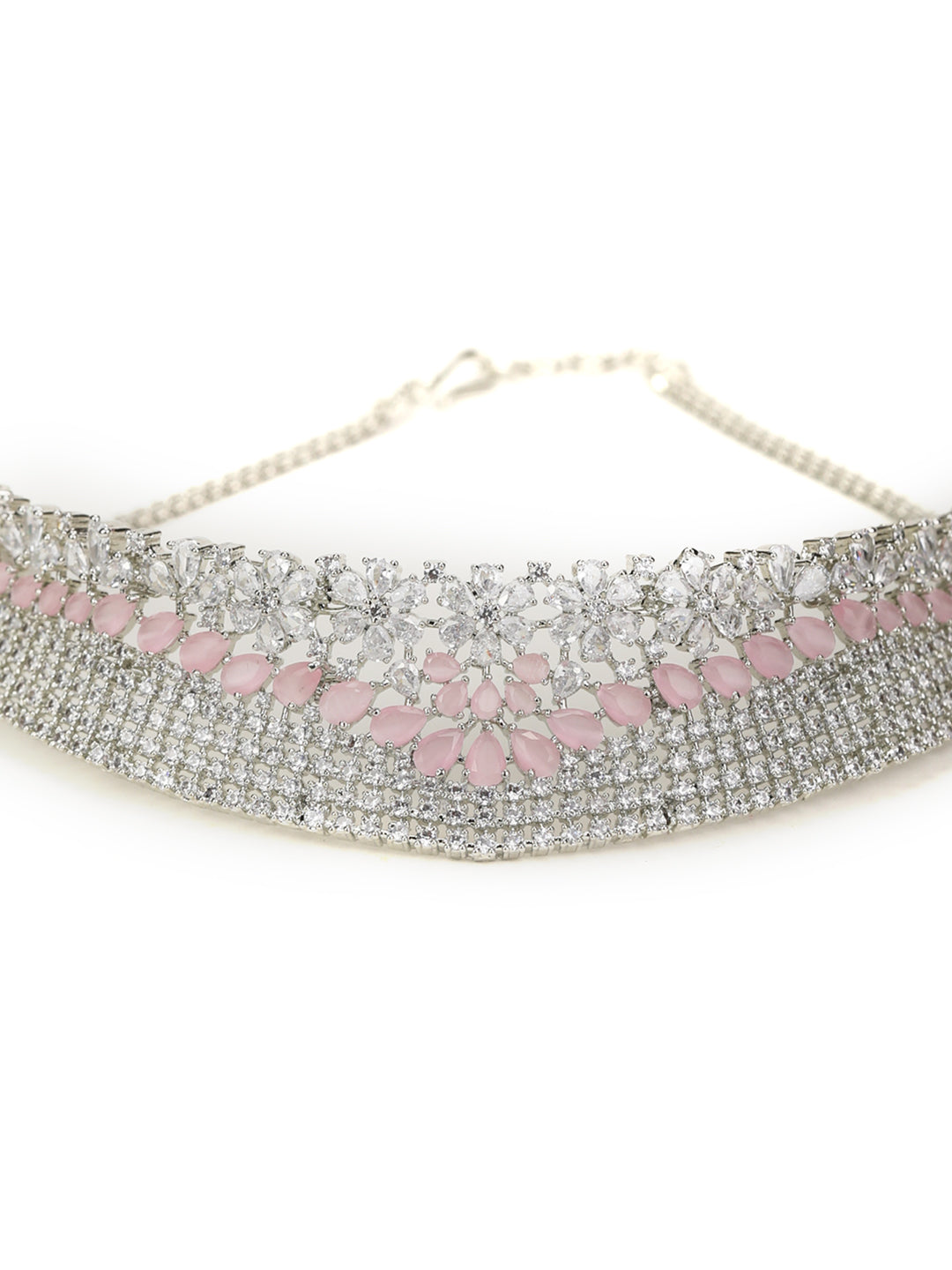 Women's Pink American Diamond Silver Plated Choker Set with MaangTikka - Priyaasi