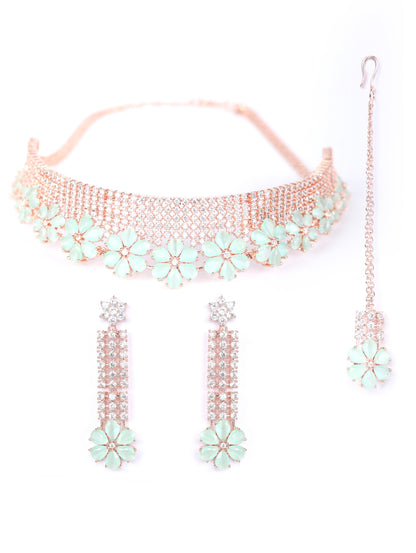 Women's Minty Gold - Green American Diamond Cubic Zirconia Rose Gold Plated Choker Set with MaangTikka - Priyaasi