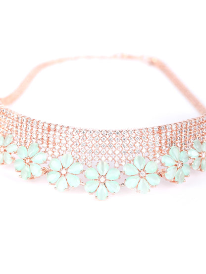 Women's Minty Gold - Green American Diamond Cubic Zirconia Rose Gold Plated Choker Set with MaangTikka - Priyaasi