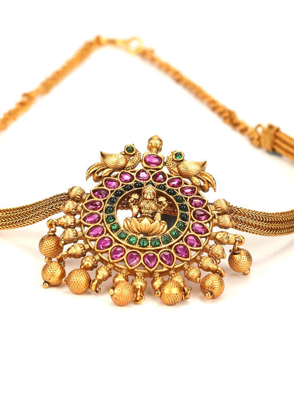 Women's Multi Color Kemp Stones Gold Plated Temple Choker Set - Priyaasi