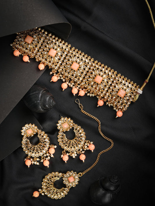 Women's Orange Kundan Gold Plated Choker Set with MaangTikka - Priyaasi