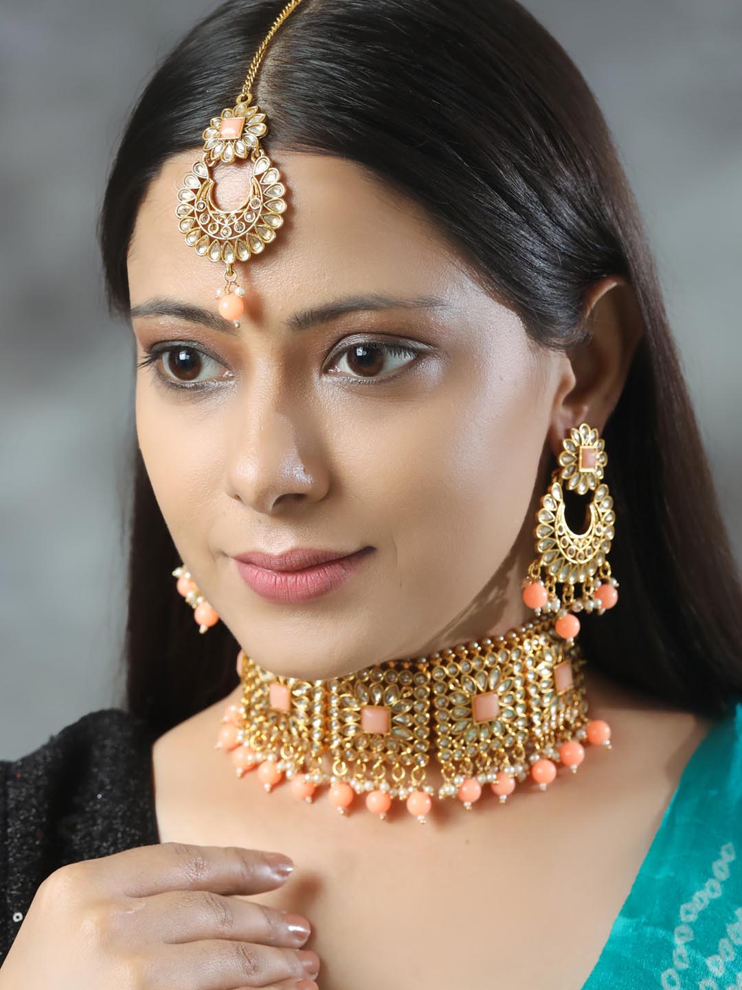 Women's Orange Kundan Gold Plated Choker Set with MaangTikka - Priyaasi