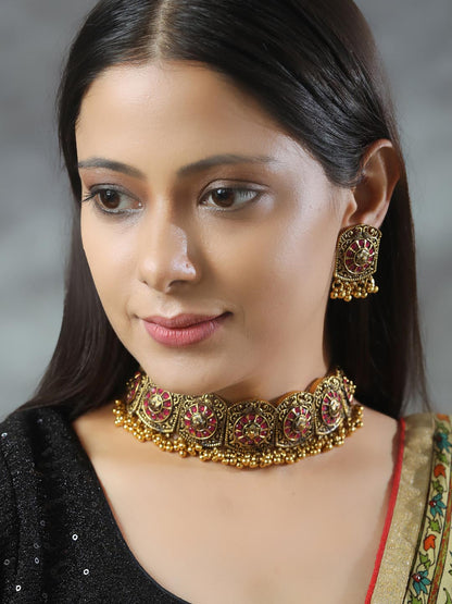 Women's Ruby Stones Studded Gold Plated Choker Set - Priyaasi