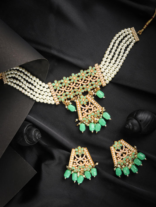 Women's Mint Green Pearls Stones Studded Gold Plated Choker Set - Priyaasi