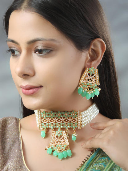 Women's Mint Green Pearls Stones Studded Gold Plated Choker Set - Priyaasi