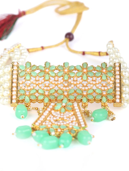 Women's Mint Green Pearls Stones Studded Gold Plated Choker Set - Priyaasi