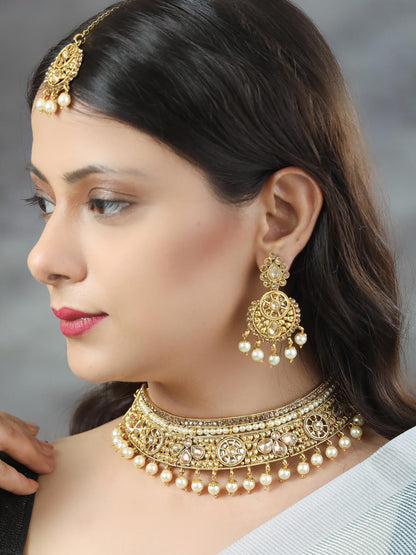 Women's White Kundan Gold Plated Choker Set with MaangTikka - Priyaasi