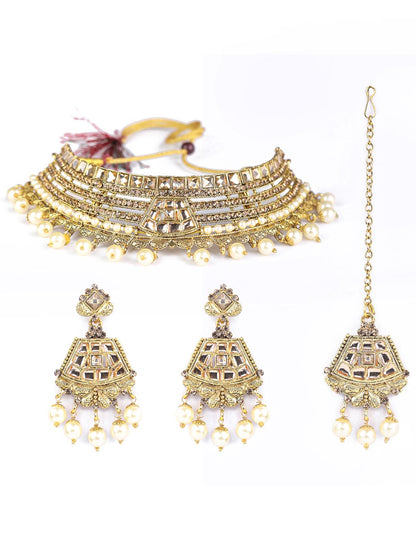 Women's White Kundan Gold Plated Choker Set with MaangTikka - Priyaasi