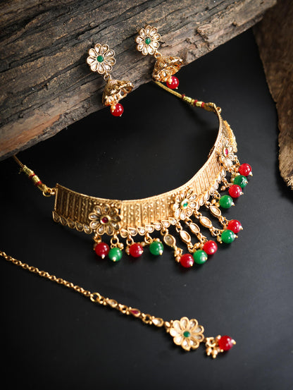 Women's Multi-Color Kundan Gold Plated Choker Set with MaangTikka - Priyaasi