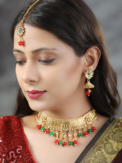 Women's Multi-Color Kundan Gold Plated Choker Set with MaangTikka - Priyaasi