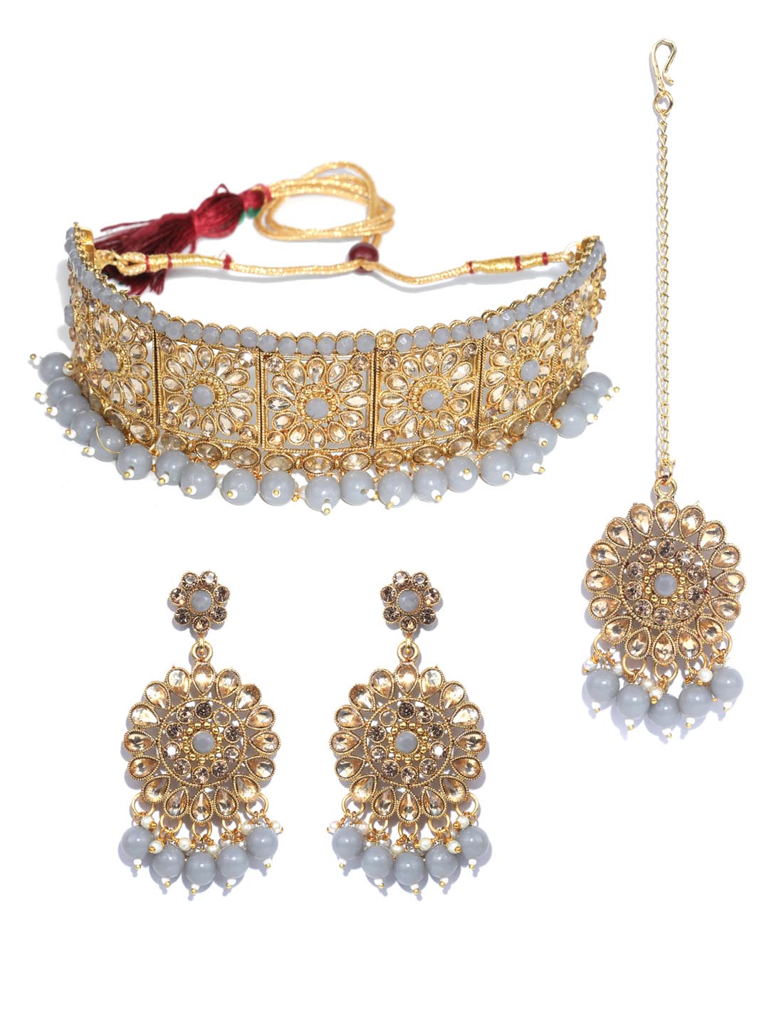 Women's Grey Kundan Gold Plated Choker Set with MaangTikka - Priyaasi