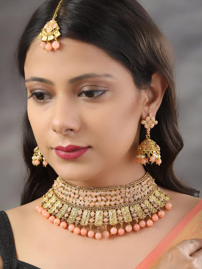 Women's Pink Kundan Gold Plated Choker Set with MaangTikka - Priyaasi