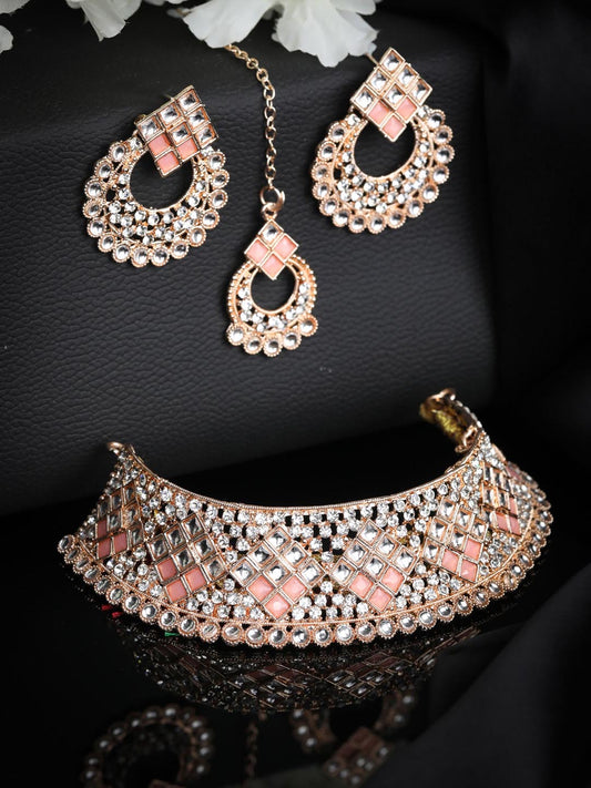 Women's Pink Kundan Stones Rose Gold Plated Choker Set with MaangTikka - Priyaasi