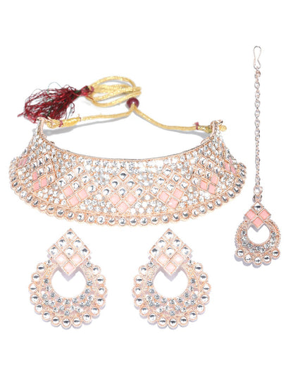 Women's Pink Kundan Stones Rose Gold Plated Choker Set with MaangTikka - Priyaasi