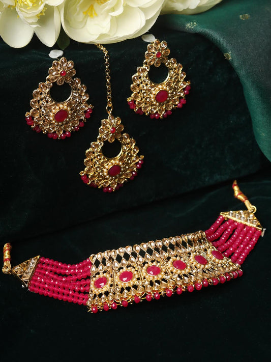 Women's Red Kundan Pearls Gold Plated Choker Set with Maang Tikka - Priyaasi