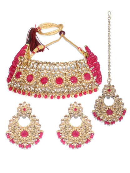 Women's Red Kundan Pearls Gold Plated Choker Set with Maang Tikka - Priyaasi