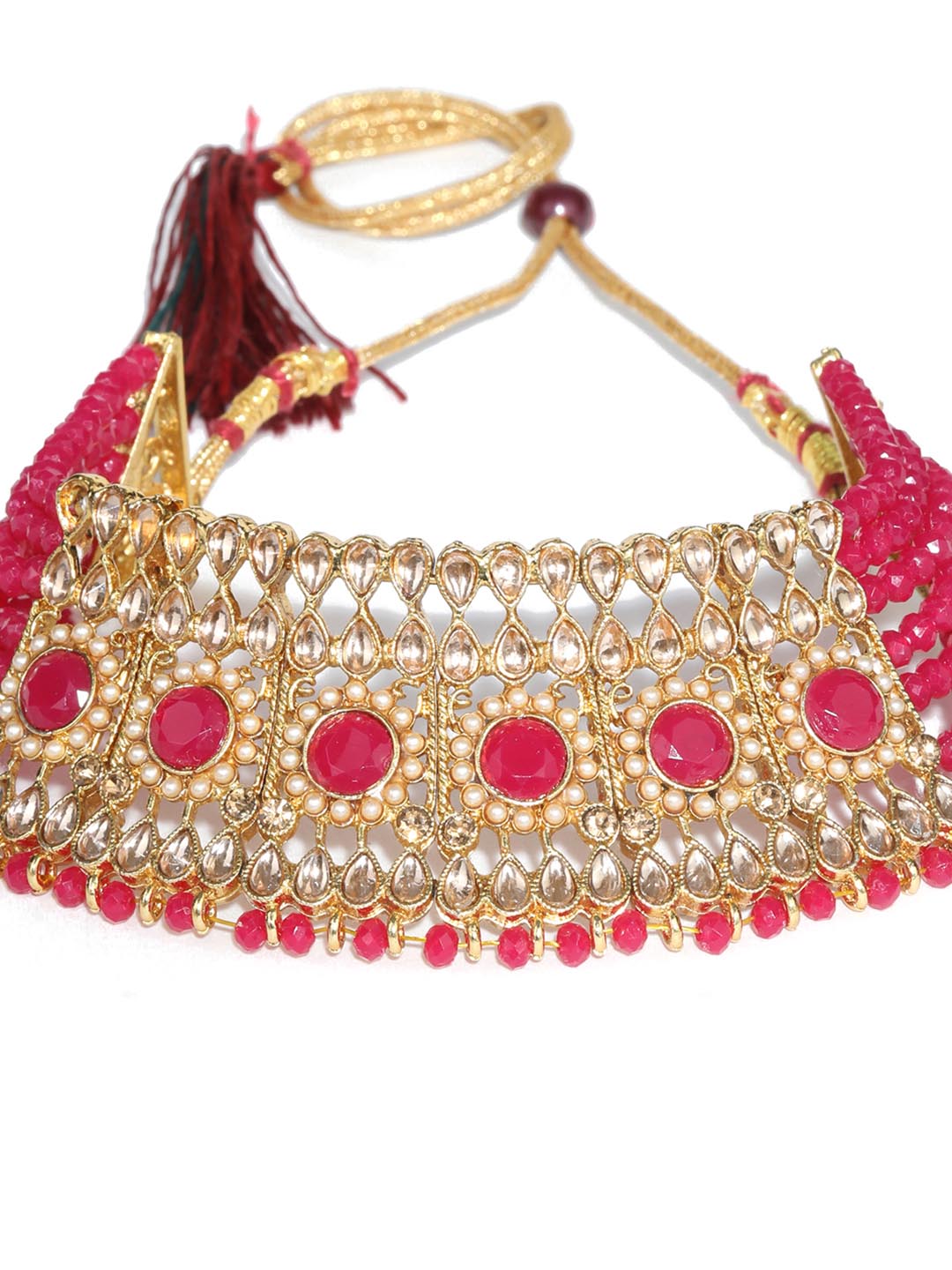 Women's Red Kundan Pearls Gold Plated Choker Set with Maang Tikka - Priyaasi