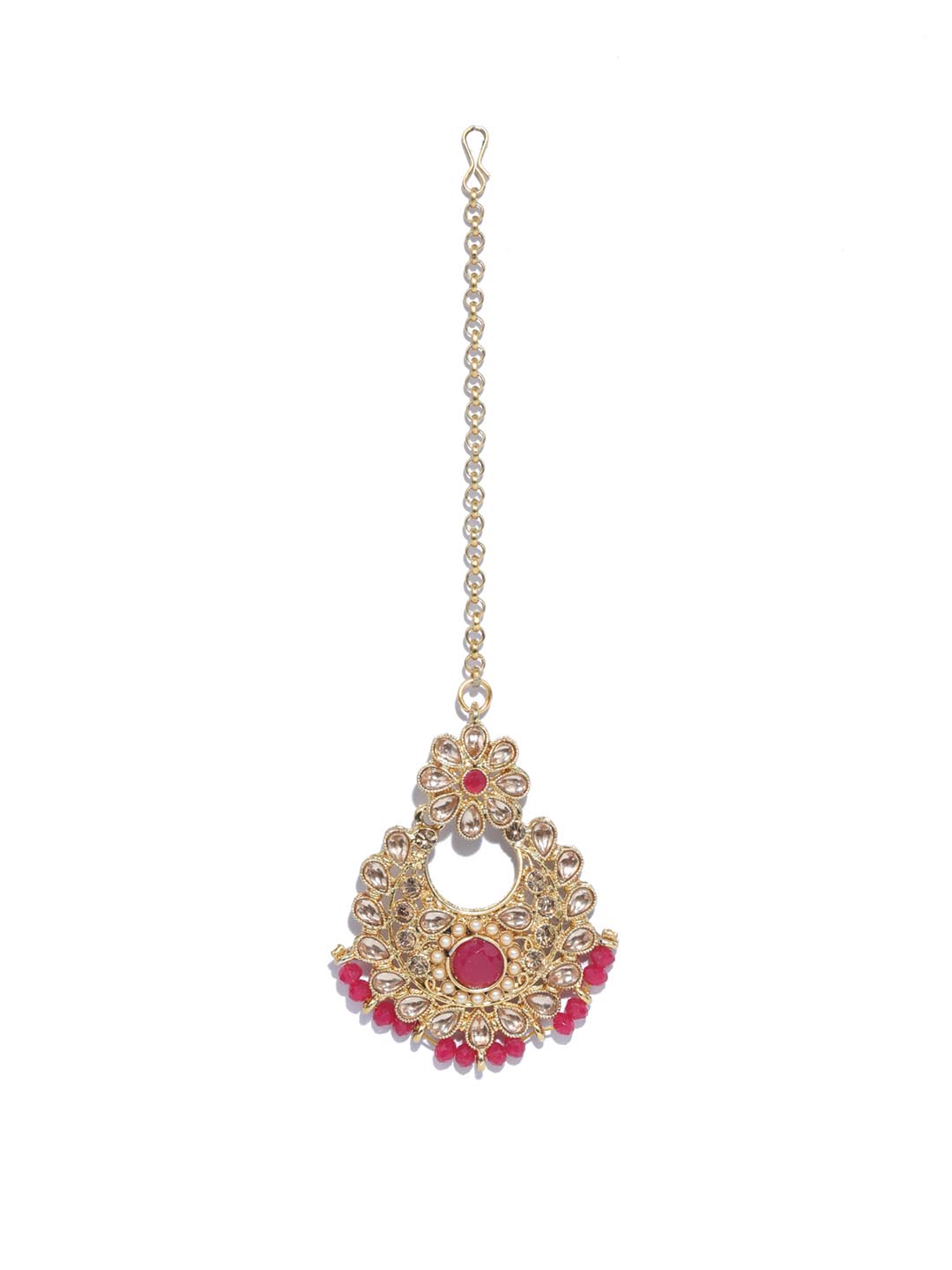 Women's Red Kundan Pearls Gold Plated Choker Set with Maang Tikka - Priyaasi