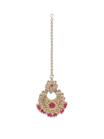 Women's Red Kundan Pearls Gold Plated Choker Set with Maang Tikka - Priyaasi