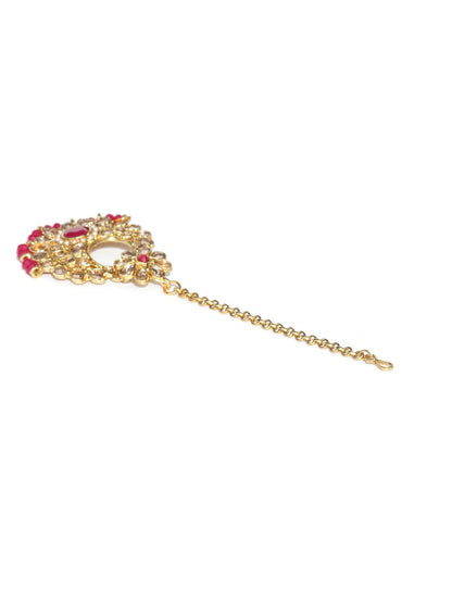 Women's Red Kundan Pearls Gold Plated Choker Set with Maang Tikka - Priyaasi