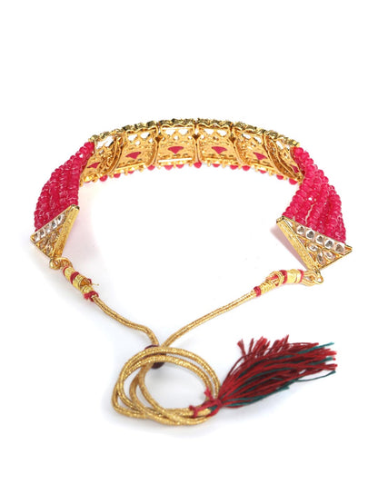 Women's Red Kundan Pearls Gold Plated Choker Set with Maang Tikka - Priyaasi