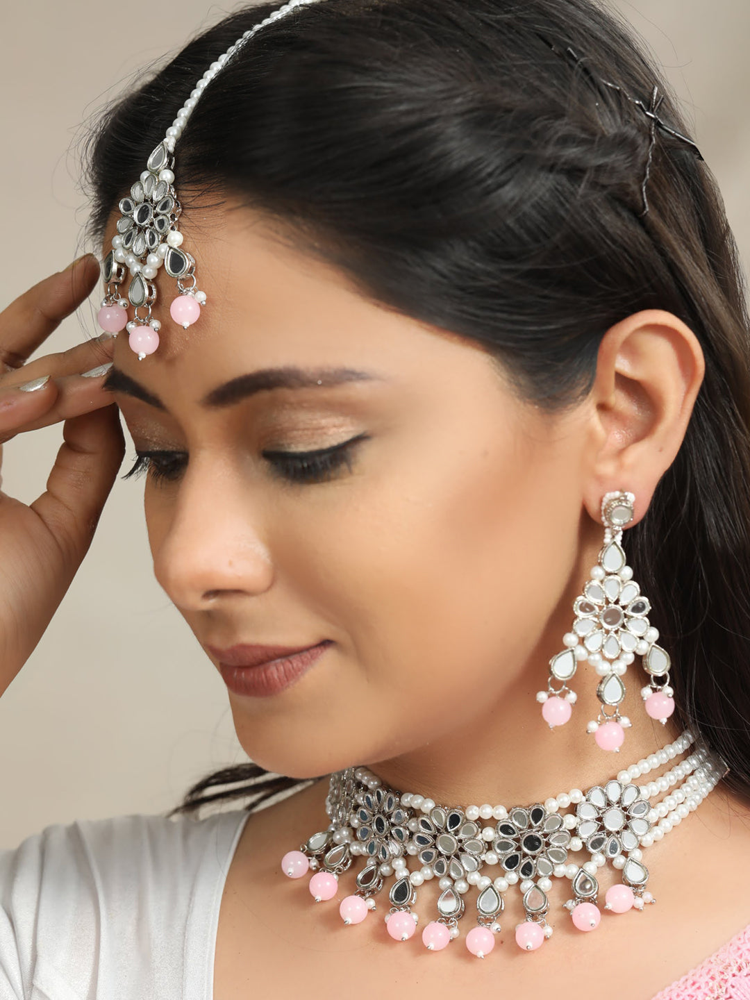 Women's White Pink Silver Plated Choker Set with MaangTikka - Priyaasi