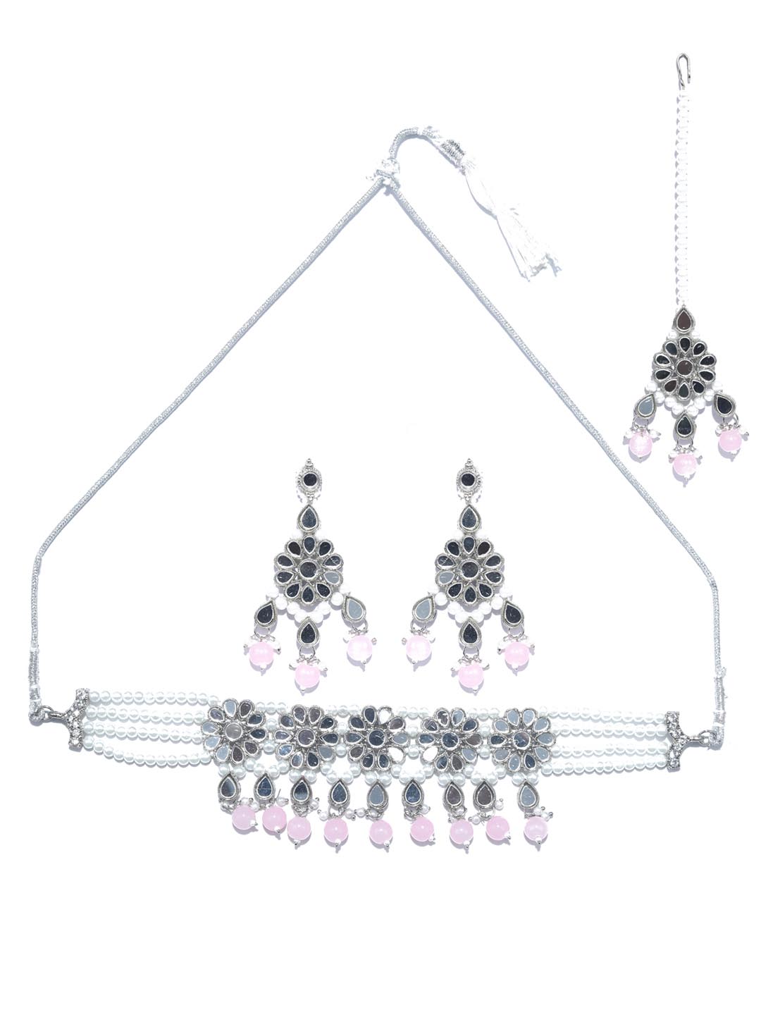 Women's White Pink Silver Plated Choker Set with MaangTikka - Priyaasi