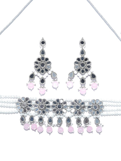 Women's White Pink Silver Plated Choker Set with MaangTikka - Priyaasi