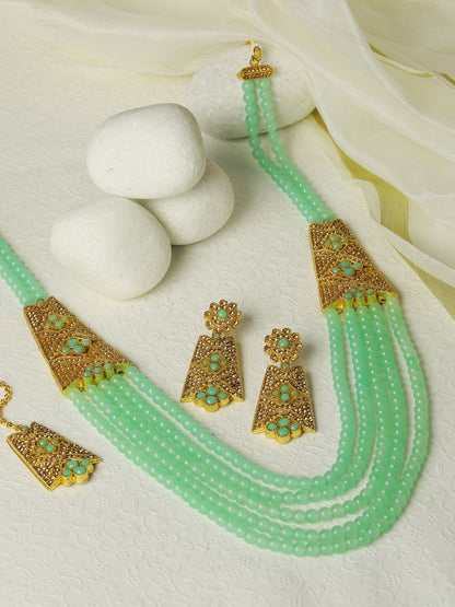 Women's Mint Green American Diamond Gold Plated Choker Set with MaangTikka - Priyaasi