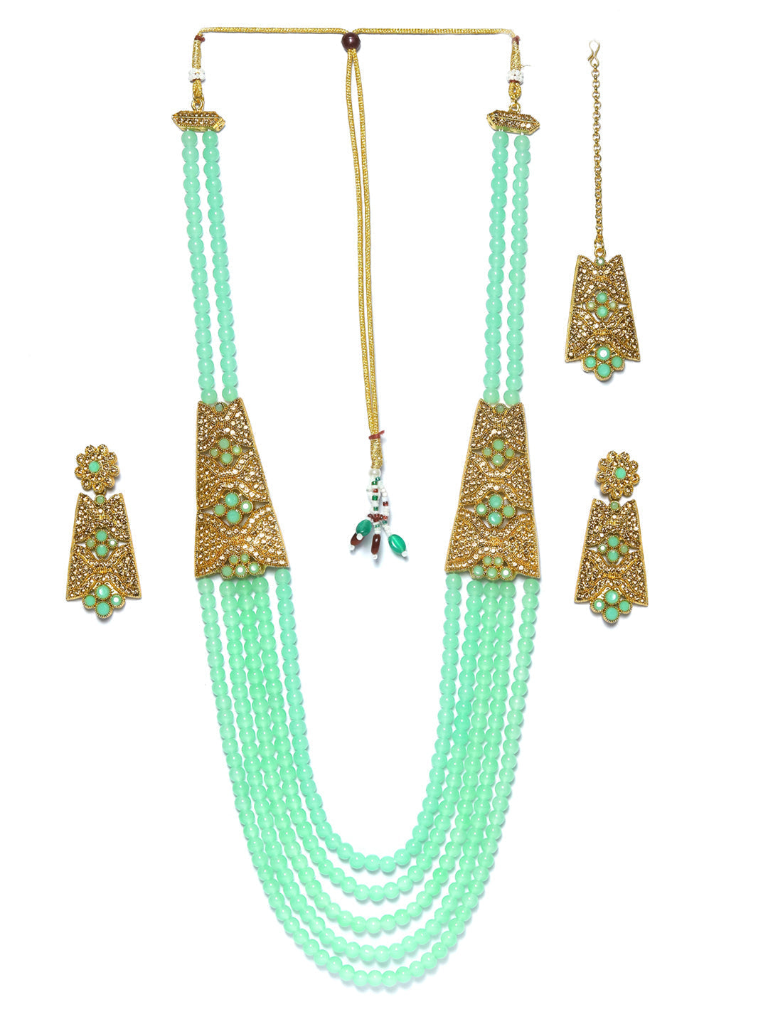 Women's Mint Green American Diamond Gold Plated Choker Set with MaangTikka - Priyaasi