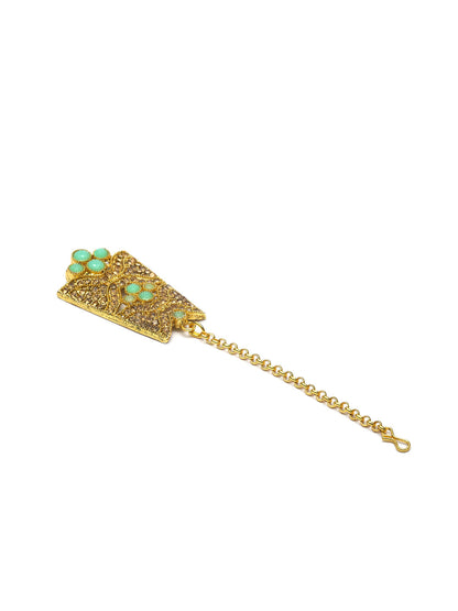 Women's Mint Green American Diamond Gold Plated Choker Set with MaangTikka - Priyaasi