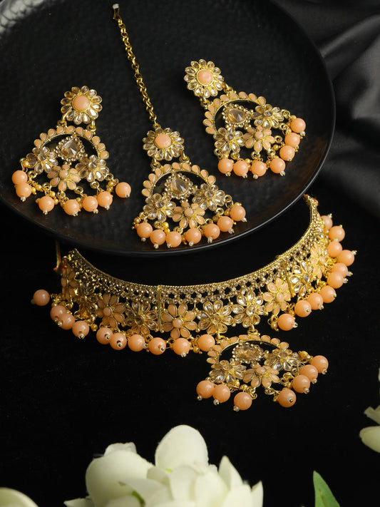 Women's Peach Kundan Gold Plated Floral Choker Set with MaangTikka - Priyaasi