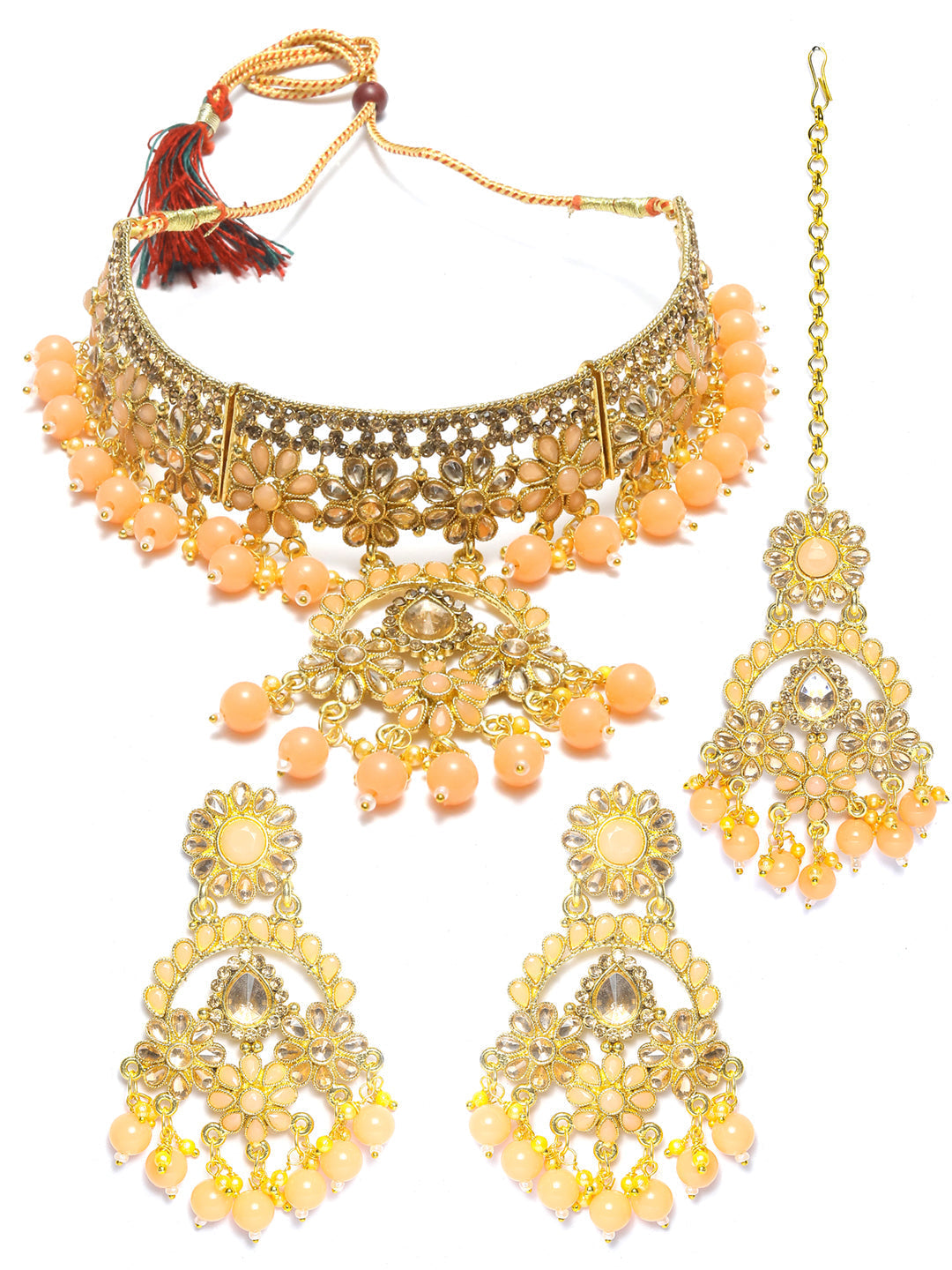 Women's Peach Kundan Gold Plated Floral Choker Set with MaangTikka - Priyaasi