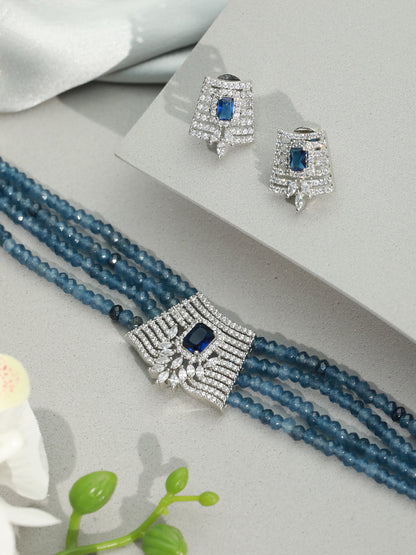 Women's Blue Multilayer American Diamond Choker Jewellery Set - Priyaasi