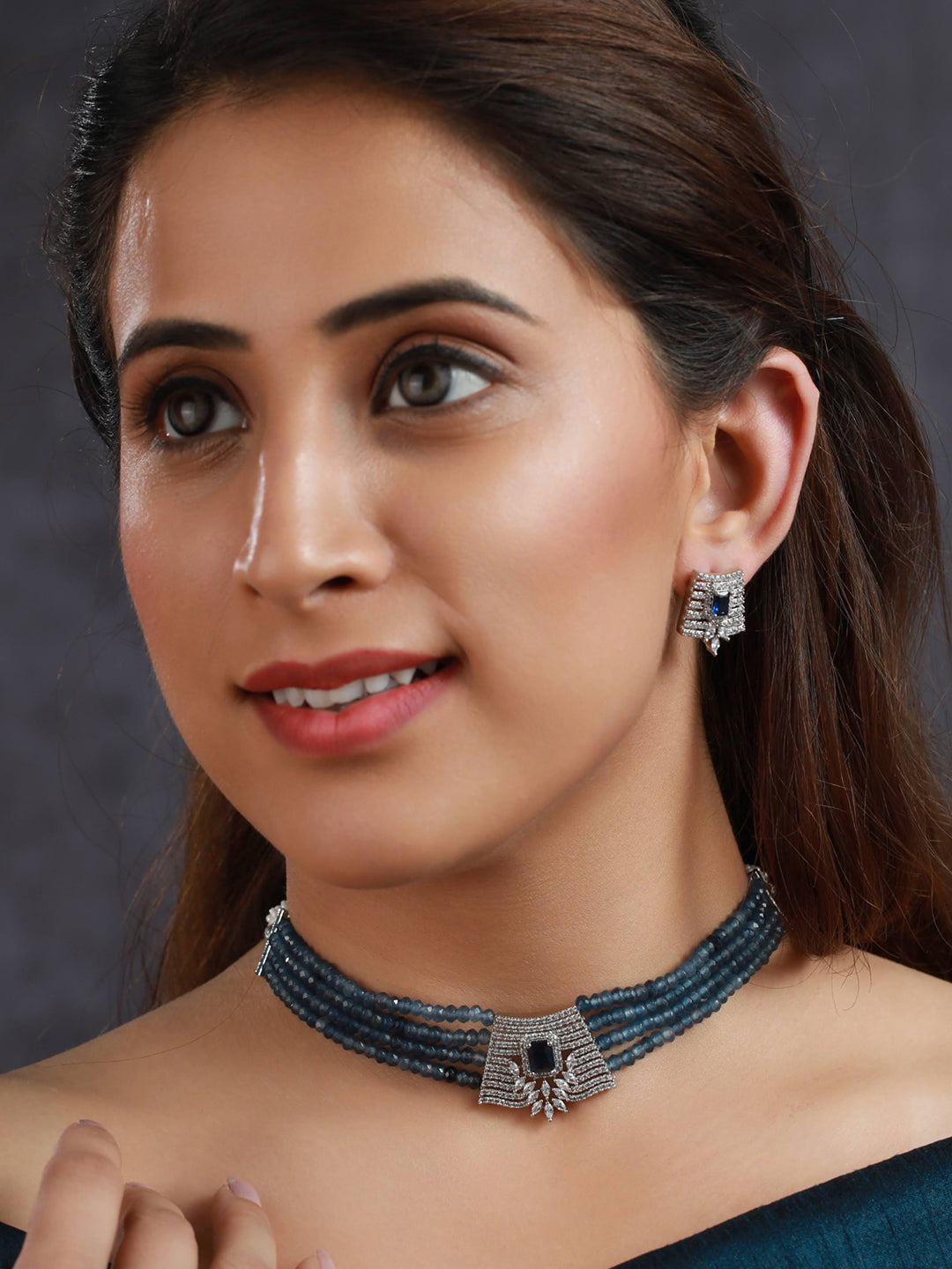 Women's Blue Multilayer American Diamond Choker Jewellery Set - Priyaasi