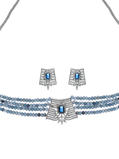 Women's Blue Multilayer American Diamond Choker Jewellery Set - Priyaasi