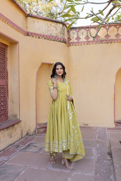 Women's Yellow Booti Gotta Jaal Cotton Anarkali Set - Pomcha Jaipur