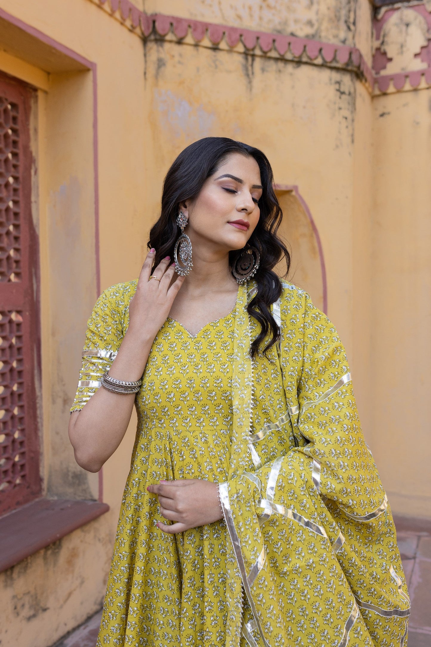 Women's Yellow Booti Gotta Jaal Cotton Anarkali Set - Pomcha Jaipur