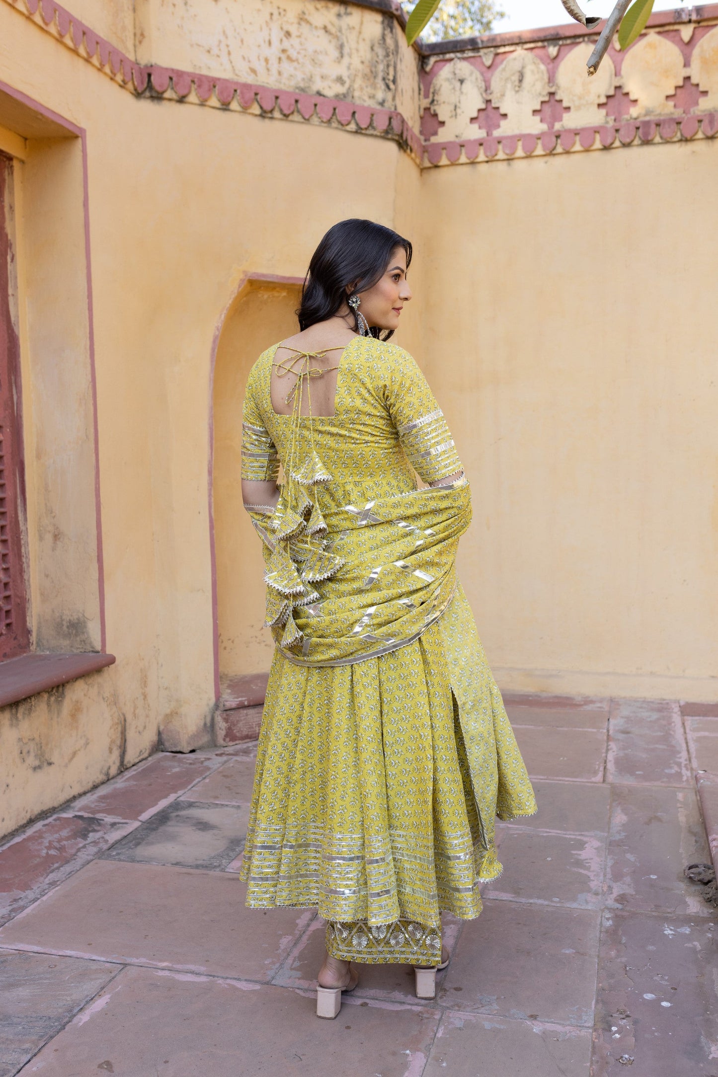 Women's Yellow Booti Gotta Jaal Cotton Anarkali Set - Pomcha Jaipur