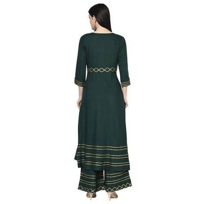 Women Bottle Green Rayon Anarkali Kurta with Palazzo by  (2pcs Set)