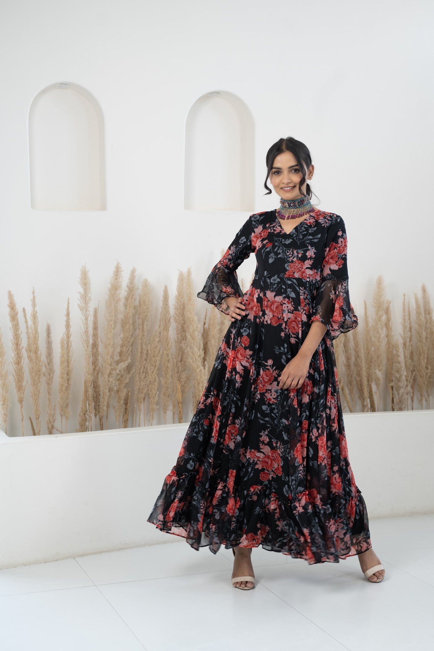 Women’S Black Floral Print Gown - (1Pc Set)