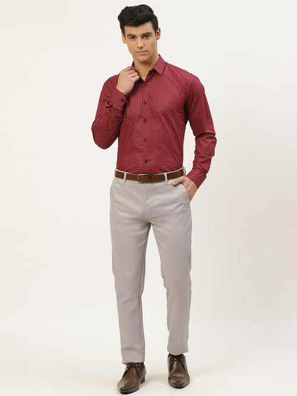 Mens Cotton Burgundy Printed Formal Shirt